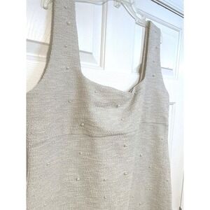 XXL Beaded Pearl Tweed Boucle Sleeveless Fitted Tank‎ Top Beige Off White H&M